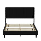 Beige / Black Velvet Platform Bed Frame with Wingback Headboard, Queen, 2 Colors