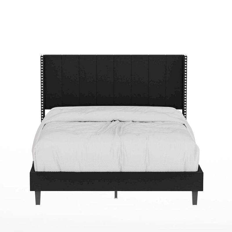 Beige / Black Velvet Platform Bed Frame with Wingback Headboard, Queen, 2 Colors