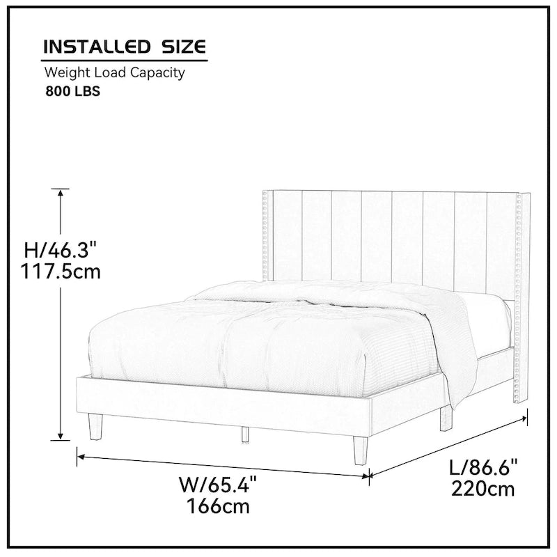 Beige / Black Velvet Platform Bed Frame with Wingback Headboard, Queen, 2 Colors