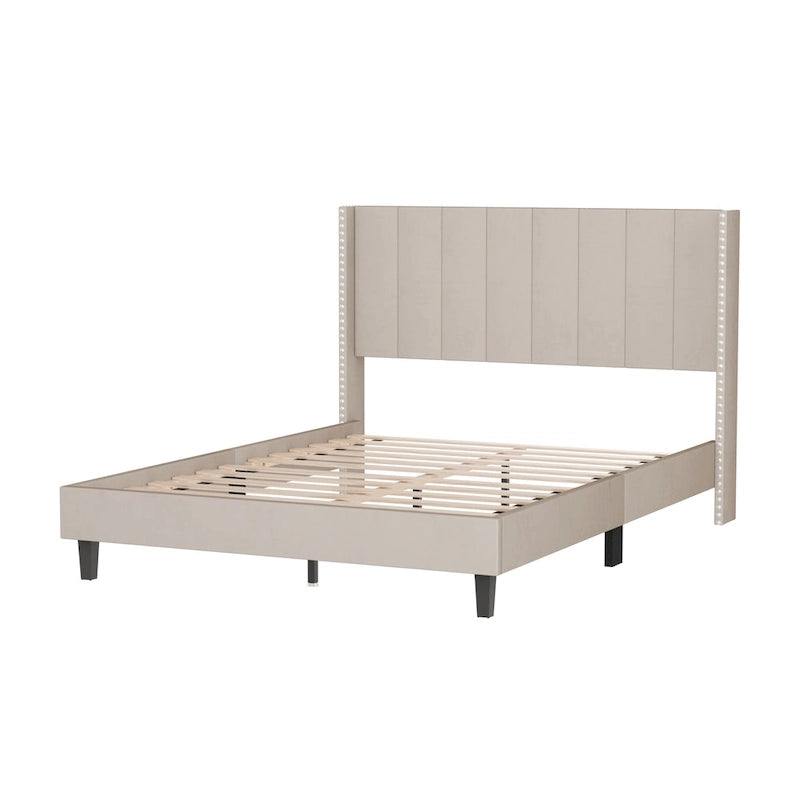 Beige / Black Velvet Platform Bed Frame with Wingback Headboard, Queen, 2 Colors
