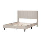 Beige / Black Velvet Platform Bed Frame with Wingback Headboard, Queen, 2 Colors