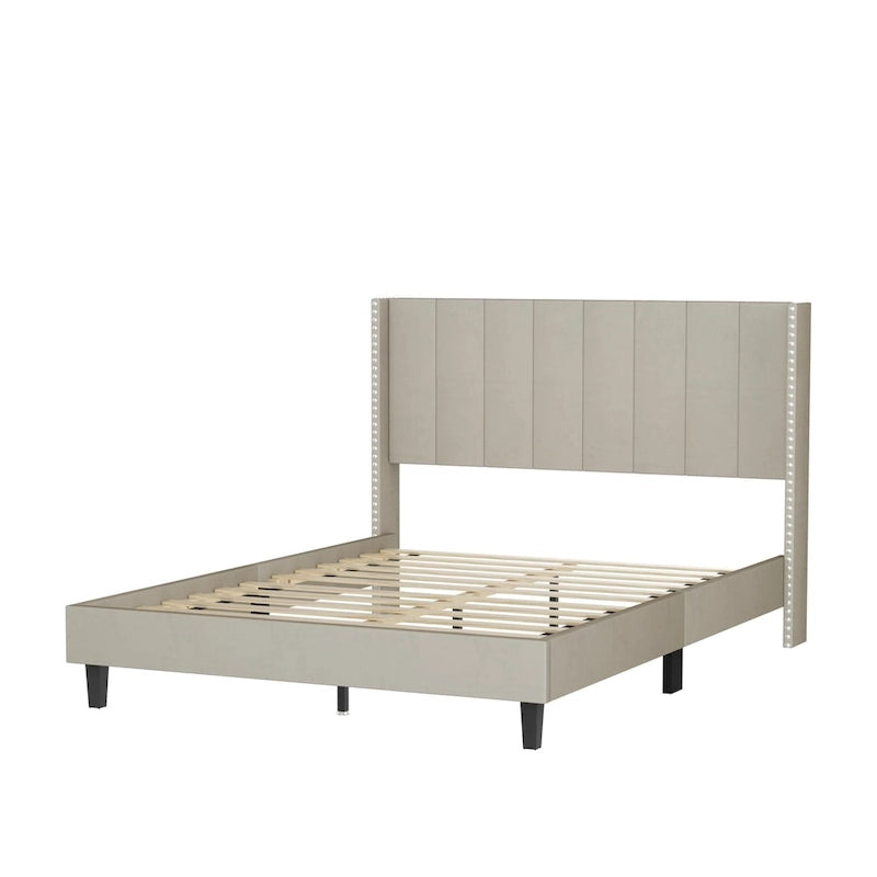 Beige / Black Velvet Platform Bed Frame with Wingback Headboard, Queen, 2 Colors
