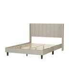 Beige / Black Velvet Platform Bed Frame with Wingback Headboard, Queen, 2 Colors