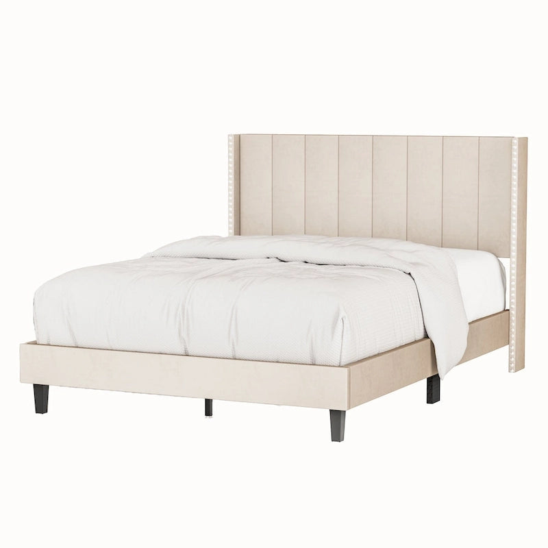 Beige / Black Velvet Platform Bed Frame with Wingback Headboard, Queen, 2 Colors