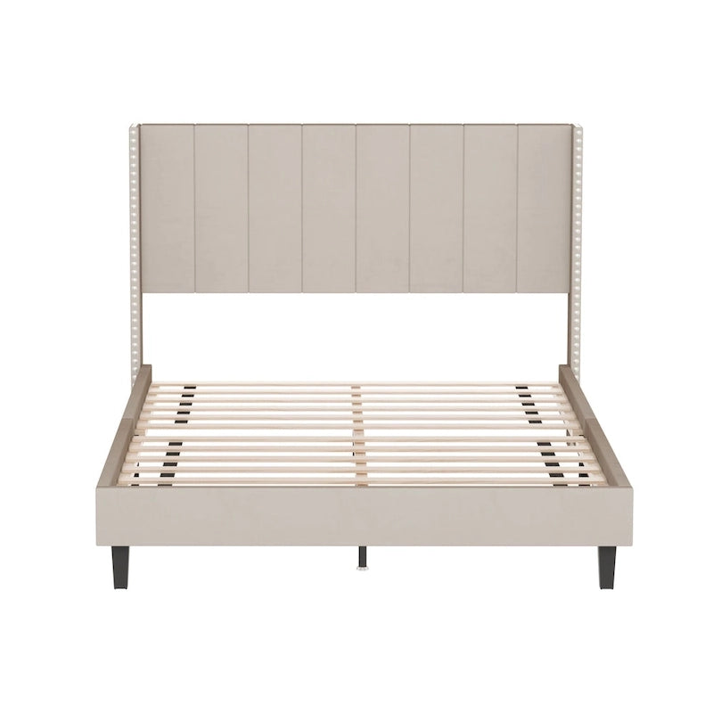 Beige / Black Velvet Platform Bed Frame with Wingback Headboard, Queen, 2 Colors