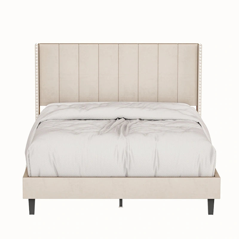 Beige / Black Velvet Platform Bed Frame with Wingback Headboard, Queen, 2 Colors