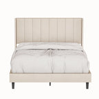 Beige / Black Velvet Platform Bed Frame with Wingback Headboard, Queen, 2 Colors