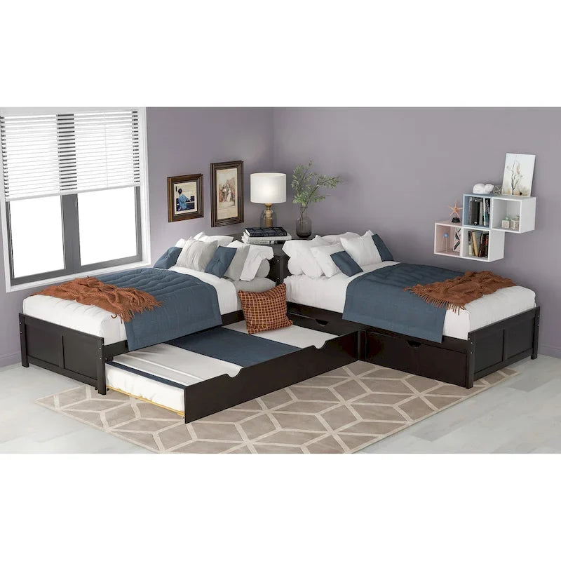 Espresso L-Shaped Twin Bunk Bed with Trundle, Drawers & Built-in Desk, 3-Person