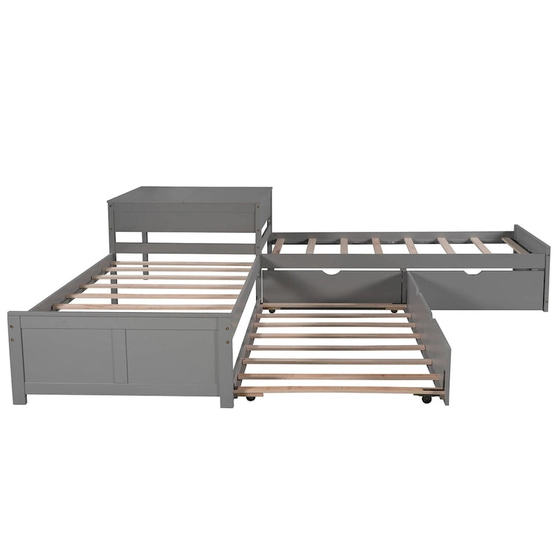 Espresso L-Shaped Twin Bunk Bed with Trundle, Drawers & Built-in Desk, 3-Person