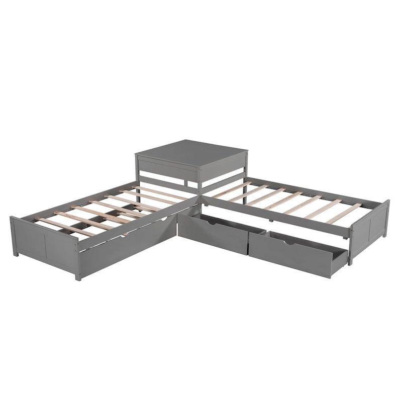 Espresso L-Shaped Twin Bunk Bed with Trundle, Drawers & Built-in Desk, 3-Person