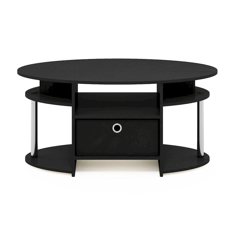 Oval Coffee Table with Open Shelf & Storage Bin, Chrome Legs, Americano/White Oak, 1–2 Person