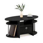 Oval Coffee Table with Open Shelf & Storage Bin, Chrome Legs, Americano/White Oak, 1–2 Person