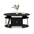 Oval Coffee Table with Open Shelf & Storage Bin, Chrome Legs, Americano/White Oak, 1–2 Person