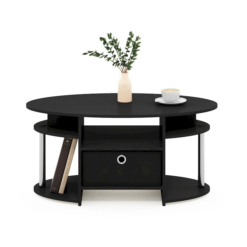 Oval Coffee Table with Open Shelf & Storage Bin, Chrome Legs, Americano/White Oak, 1–2 Person