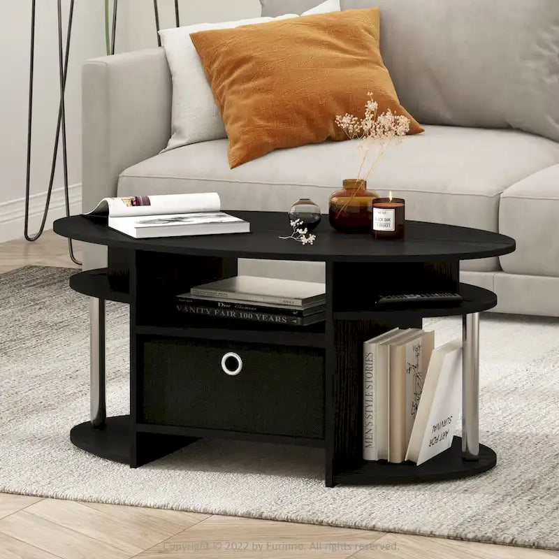 Oval Coffee Table with Open Shelf & Storage Bin, Chrome Legs, Americano/White Oak, 1–2 Person
