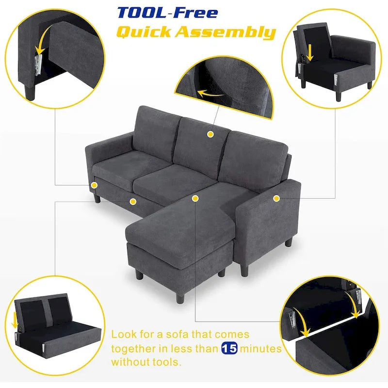 Grey Linen L-Shaped Sectional Sofa with Reversible Chaise, Seats 3–4