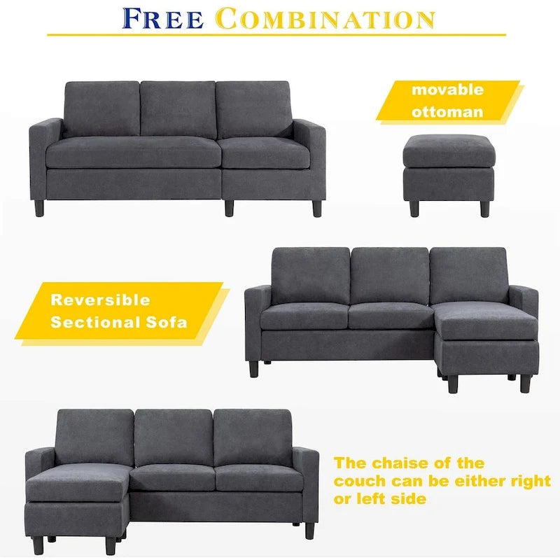 Grey Linen L-Shaped Sectional Sofa with Reversible Chaise, Seats 3–4
