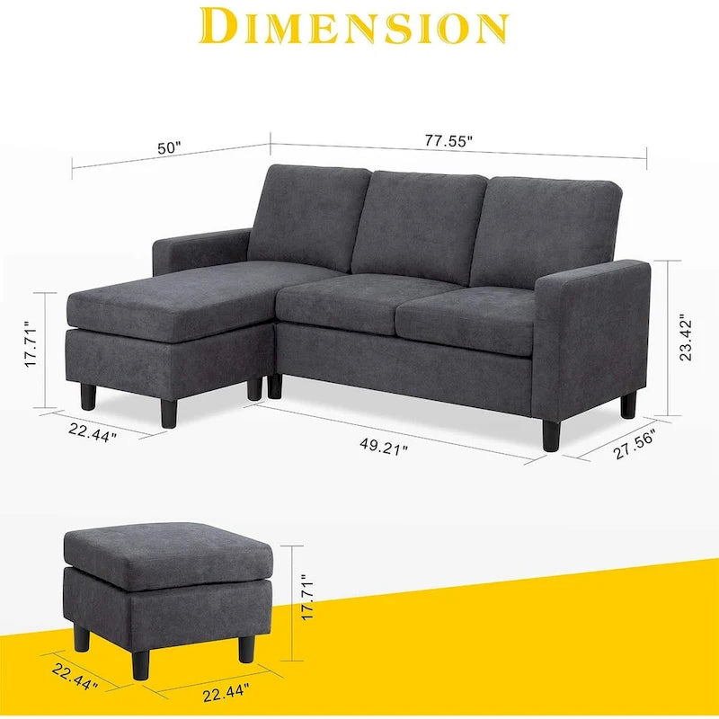 Grey Linen L-Shaped Sectional Sofa with Reversible Chaise, Seats 3–4