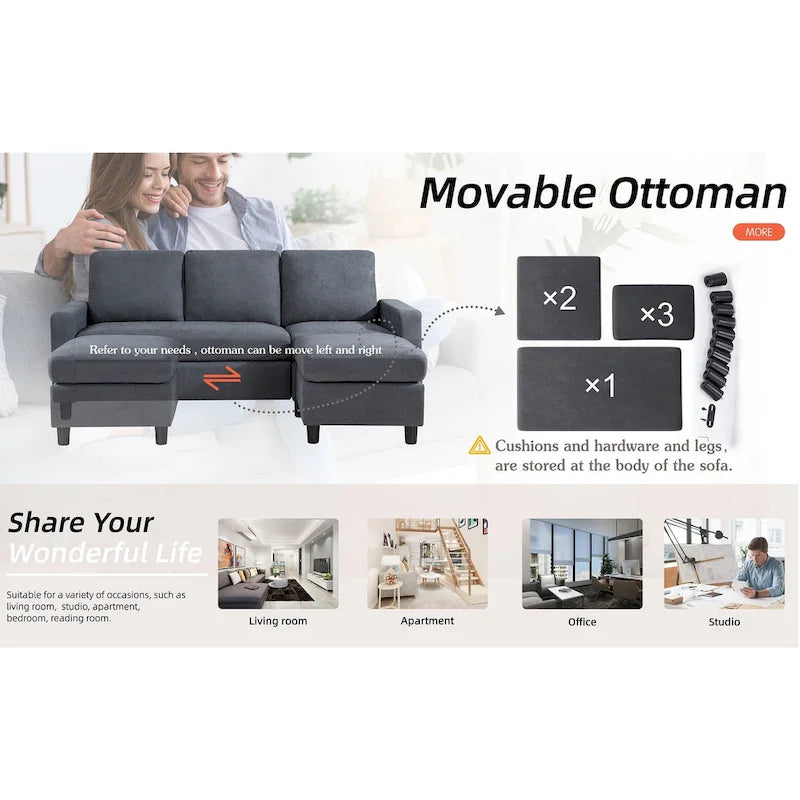 Grey Linen L-Shaped Sectional Sofa with Reversible Chaise, Seats 3–4