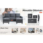 Grey Linen L-Shaped Sectional Sofa with Reversible Chaise, Seats 3–4