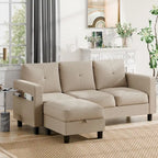 Grey Linen L-Shaped Sectional Sofa with Reversible Chaise, Seats 3–4