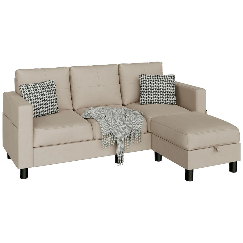 Grey Linen L-Shaped Sectional Sofa with Reversible Chaise, Seats 3–4