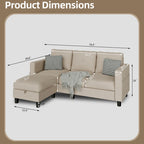 Grey Linen L-Shaped Sectional Sofa with Reversible Chaise, Seats 3–4