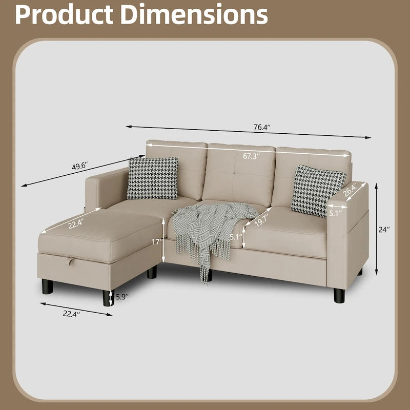 Grey Linen L-Shaped Sectional Sofa with Reversible Chaise, Seats 3–4