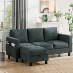 Grey Linen L-Shaped Sectional Sofa with Reversible Chaise, Seats 3–4