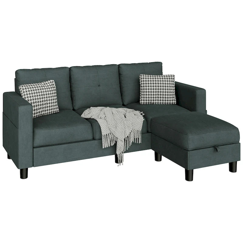 Grey Linen L-Shaped Sectional Sofa with Reversible Chaise, Seats 3–4