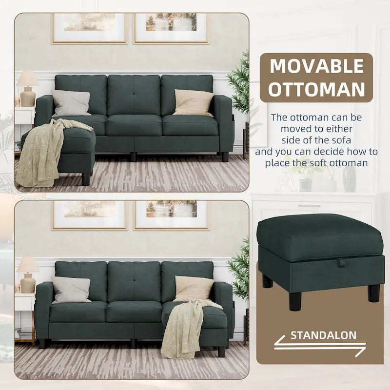 Grey Linen L-Shaped Sectional Sofa with Reversible Chaise, Seats 3–4