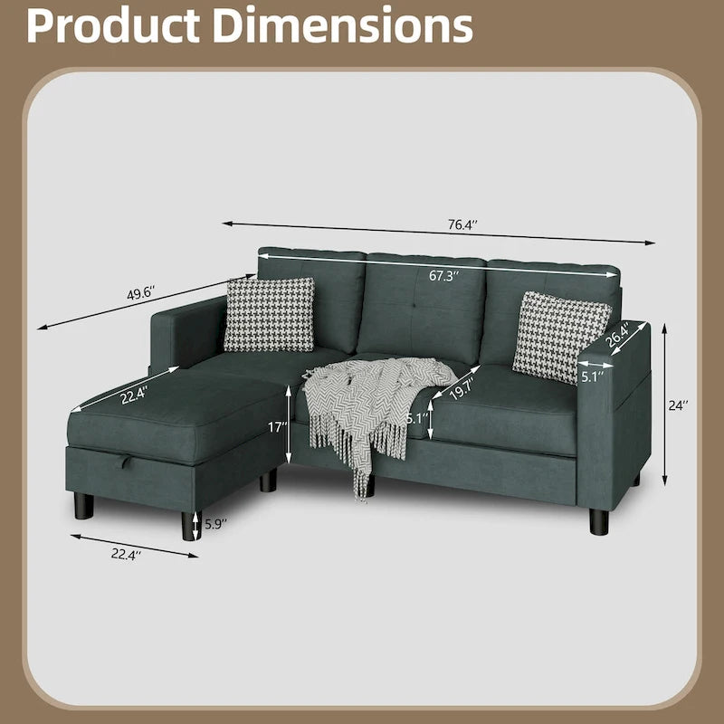 Grey Linen L-Shaped Sectional Sofa with Reversible Chaise, Seats 3–4