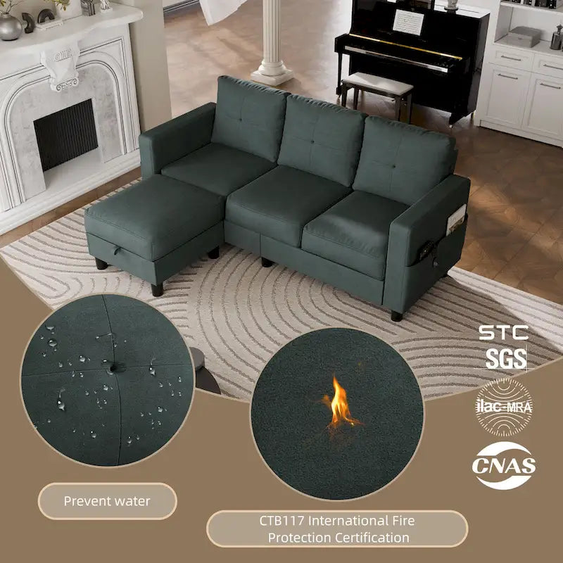 Grey Linen L-Shaped Sectional Sofa with Reversible Chaise, Seats 3–4