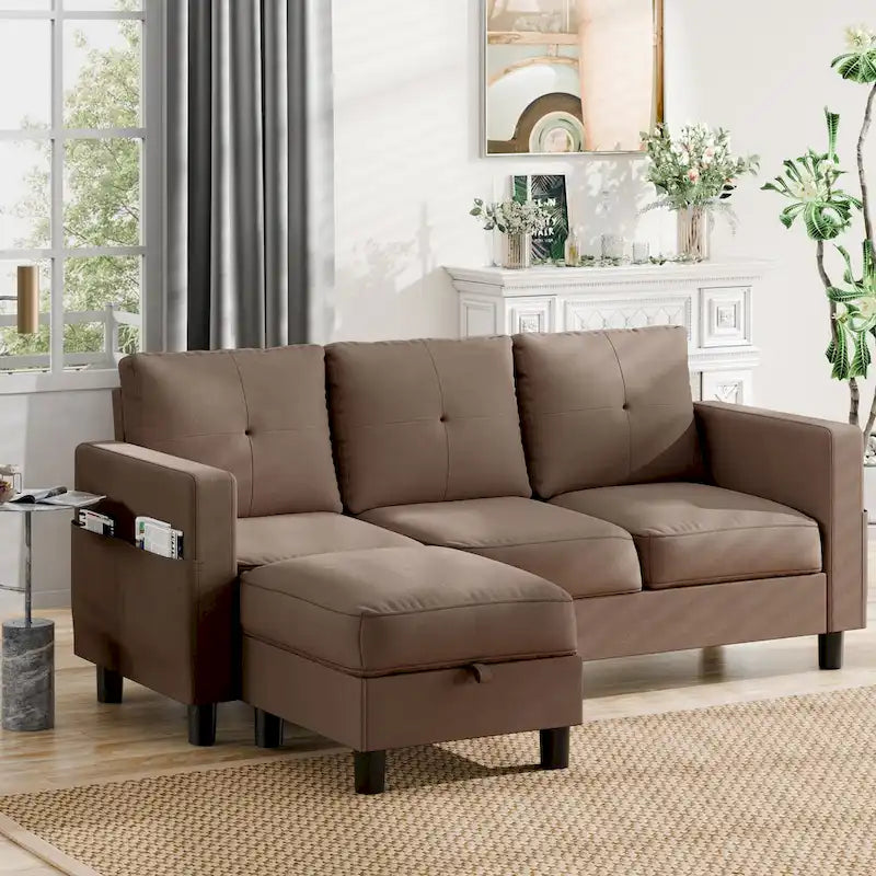 Grey Linen L-Shaped Sectional Sofa with Reversible Chaise, Seats 3–4