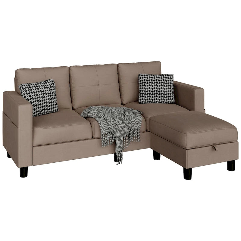 Grey Linen L-Shaped Sectional Sofa with Reversible Chaise, Seats 3–4
