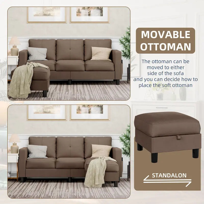 Grey Linen L-Shaped Sectional Sofa with Reversible Chaise, Seats 3–4