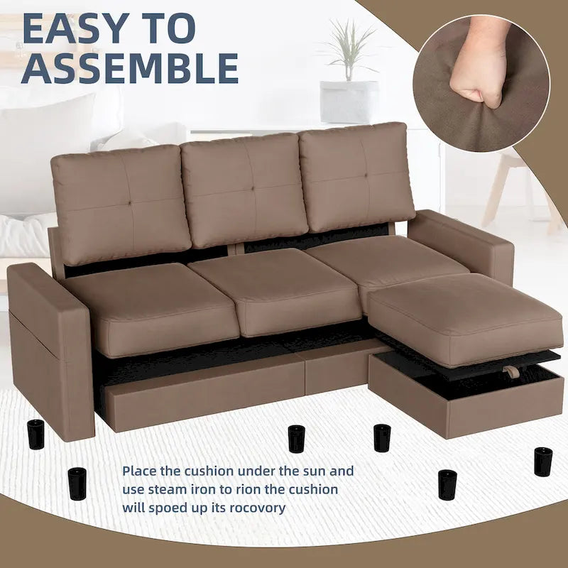Grey Linen L-Shaped Sectional Sofa with Reversible Chaise, Seats 3–4
