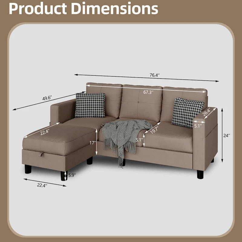 Grey Linen L-Shaped Sectional Sofa with Reversible Chaise, Seats 3–4