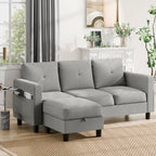 Grey Linen L-Shaped Sectional Sofa with Reversible Chaise, Seats 3–4