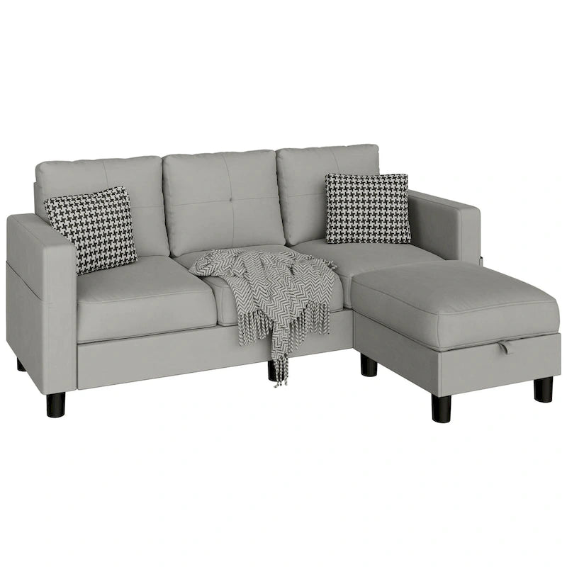 Grey Linen L-Shaped Sectional Sofa with Reversible Chaise, Seats 3–4