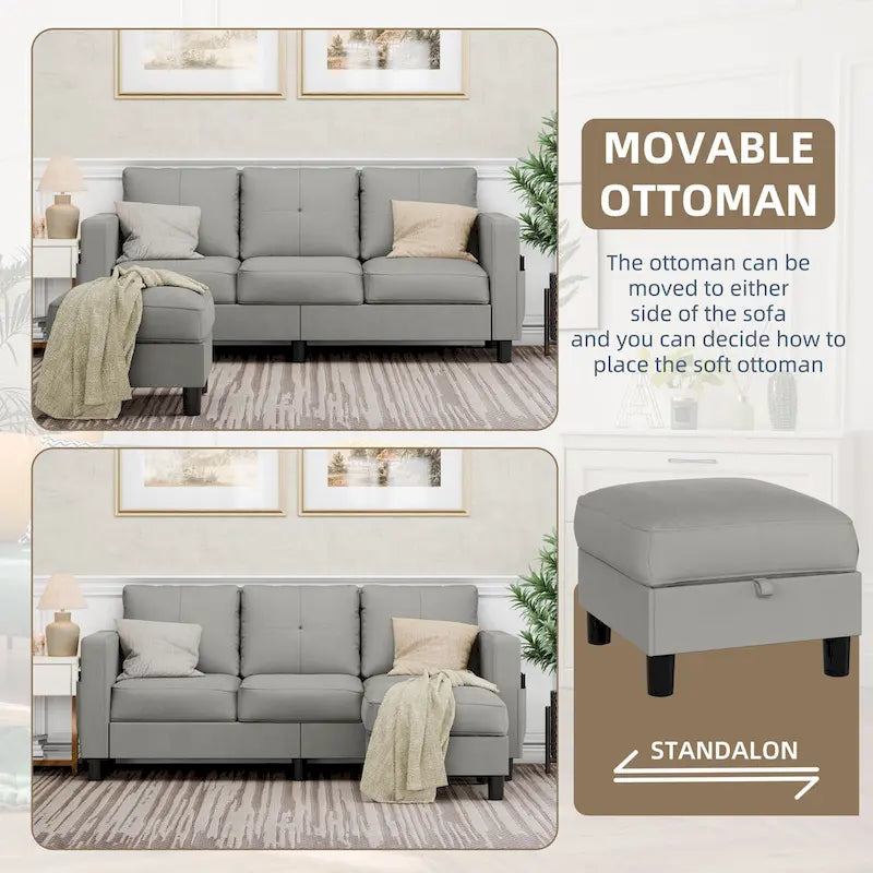 Grey Linen L-Shaped Sectional Sofa with Reversible Chaise, Seats 3–4