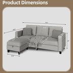 Grey Linen L-Shaped Sectional Sofa with Reversible Chaise, Seats 3–4