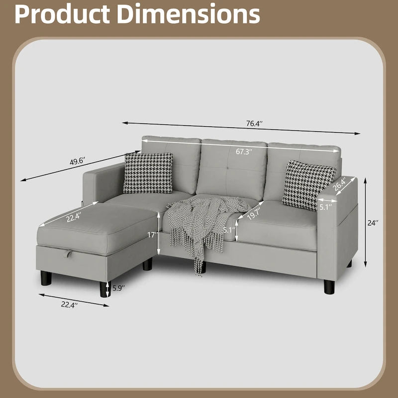Grey Linen L-Shaped Sectional Sofa with Reversible Chaise, Seats 3–4