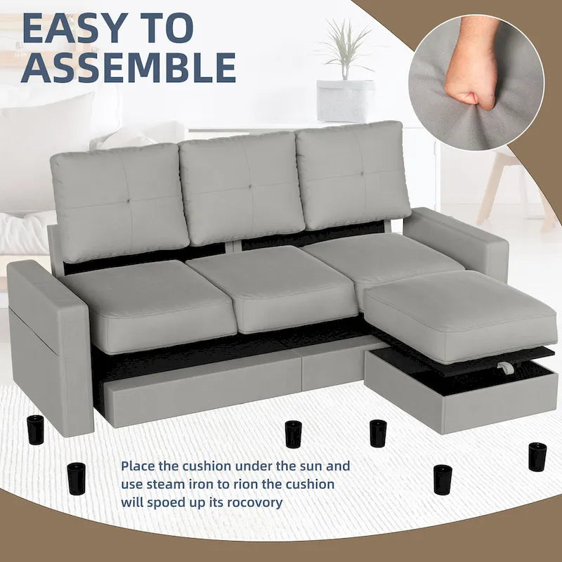 Grey Linen L-Shaped Sectional Sofa with Reversible Chaise, Seats 3–4