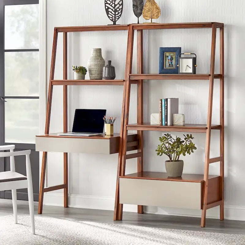Walnut/Grey Nordic Ladder Desk & Bookshelf Set, 2-Piece