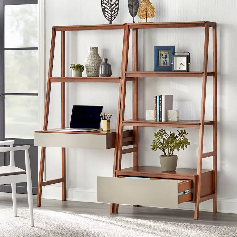 Walnut/Grey Nordic Ladder Desk & Bookshelf Set, 2-Piece
