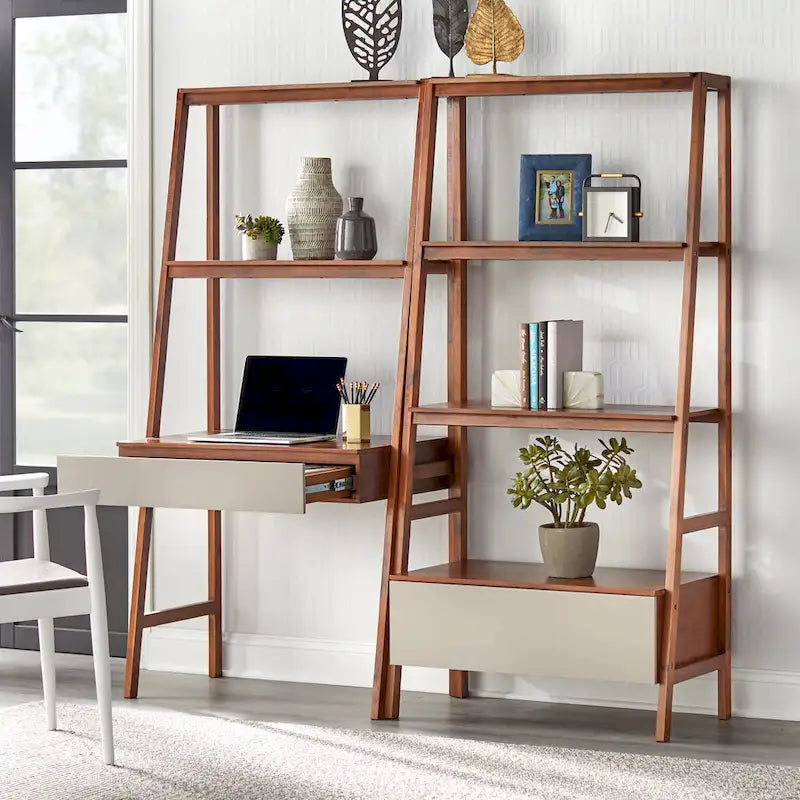 Walnut/Grey Nordic Ladder Desk & Bookshelf Set, 2-Piece