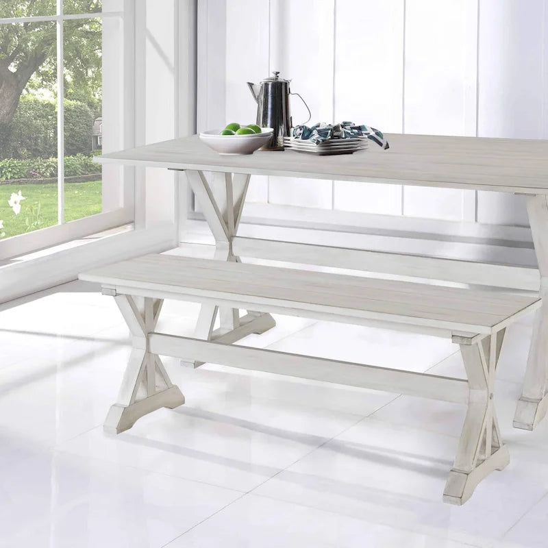 Antique White Backless Dining Bench, Farmhouse Style, Seats 2