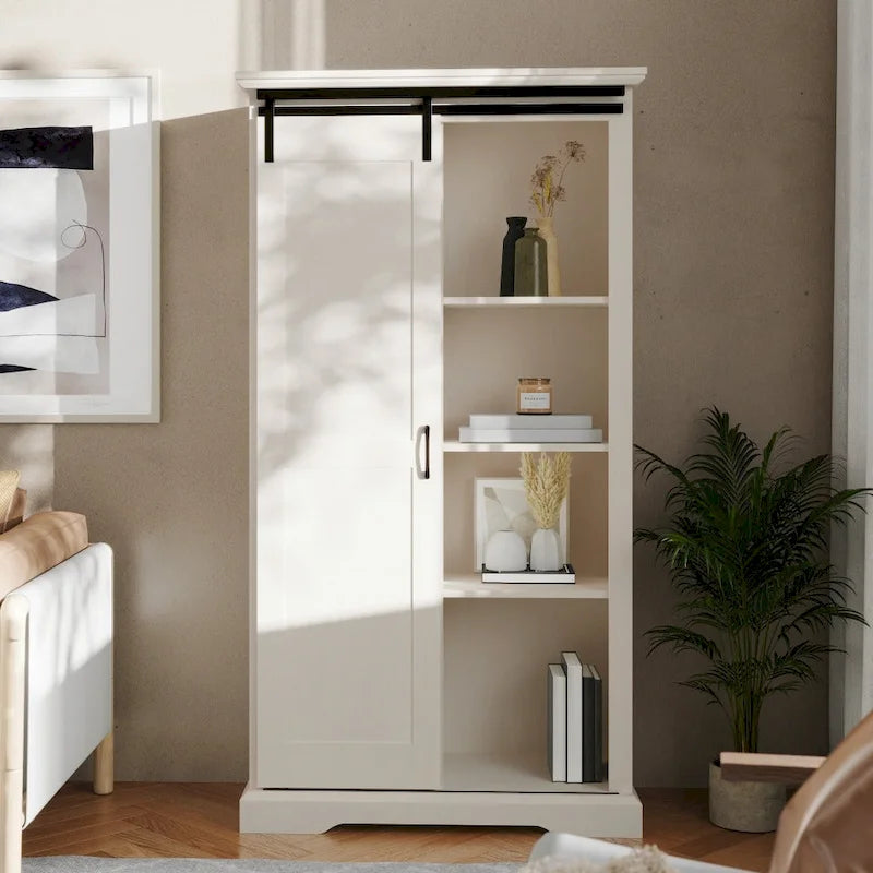 White / Graywash / Black Farmhouse Sliding Barn Door Storage Cabinet, 6-Shelf, Single Assembly