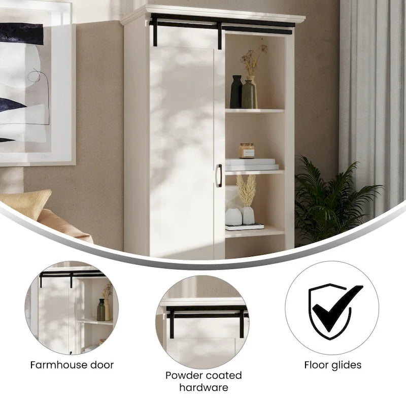 White / Graywash / Black Farmhouse Sliding Barn Door Storage Cabinet, 6-Shelf, Single Assembly